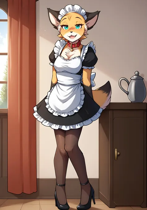 score_9, score_8_up, score_7_up, score_6_up, score_5_up, score_4_up, rating_explicit, source_furry, female, cute anthro female, cute face, maid, (maid uniform, pantyhose, high heels, collar:1.2) palace, detailed background, looking at viewer, forunt view, (half-closed eyes:1.1), (standing:1.2), solo, solo focus, smile, embarrassed, <lora:Mike_TwoKinds_PDXL_epoch_5:1>, tkmike, keidran, mammal, teal eyes, anthro