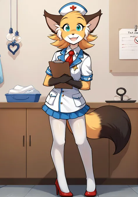 score_9, score_8_up, score_7_up, score_6_up, score_5_up, score_4_up, rating_explicit, source_furry, female, cute anthro female, cute face, nures, (nures uniform, white pantyhose, heels, +:1.2) hospital, detailed background, looking at viewer, forunt view, (wide eyes:1.1), (standing:1.2), solo, solo focus, smile, happy, (holding clipboard, clipboard:1.1), <lora:Mike_TwoKinds_PDXL_epoch_5:1>, tkmike, keidran, mammal, teal eyes, anthro, tail