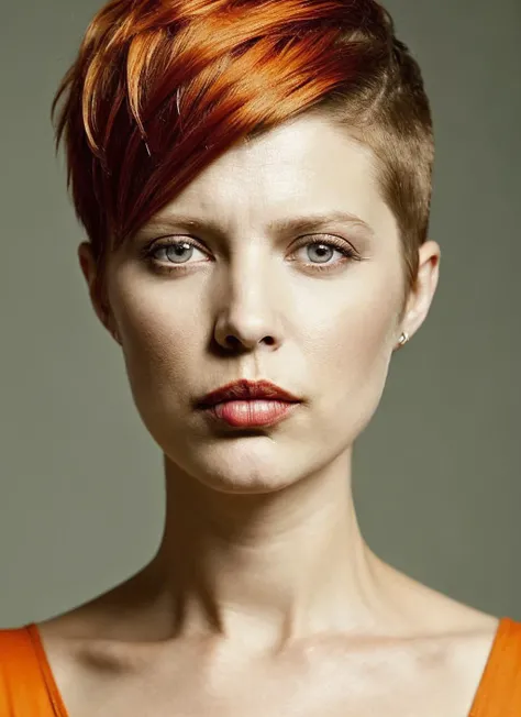 portrait of sks woman by Flora Borsi, style by Flora Borsi, bold, bright colours, orange Mohawk haircut, ((Flora Borsi)), <lora:locon_audrey_v1_from_v1_64_32:1.4>