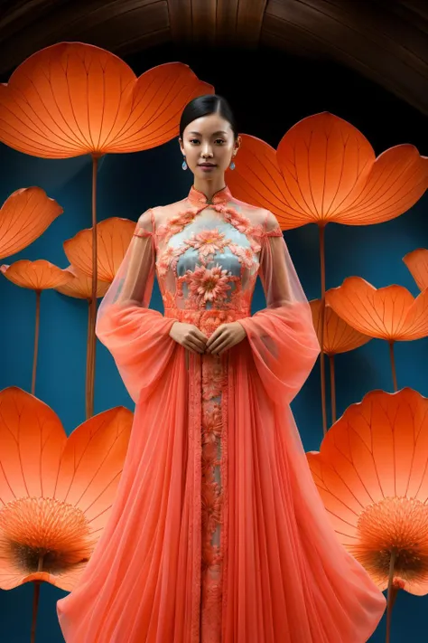 masterpiece,best quality,whole body,lotus,<lora:hehua5:0.8>,girl,smile,detailed face,dynamic floating hair,wearing a cheongsam,gradient,translucent costumes,morandi color,rich color,