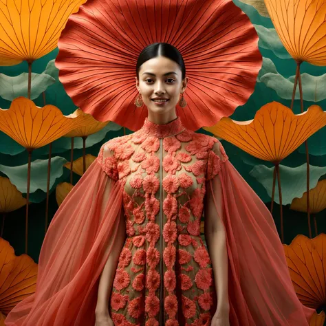 masterpiece,best quality,fashion oriental beauty,detailed face,bright color,whole body,smiling in front of the audience,surrealism,lotus,<lora:hehua5:0.7>,