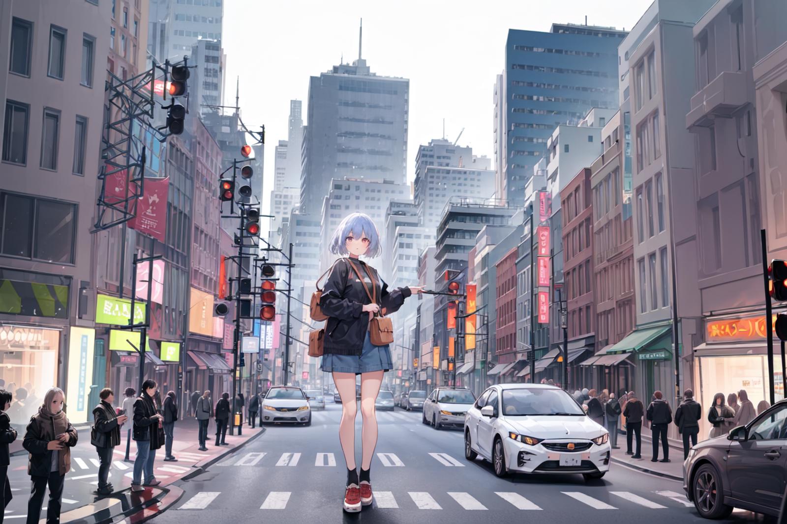 There is a woman standing on a street corner with a guitar - SeaArt AI