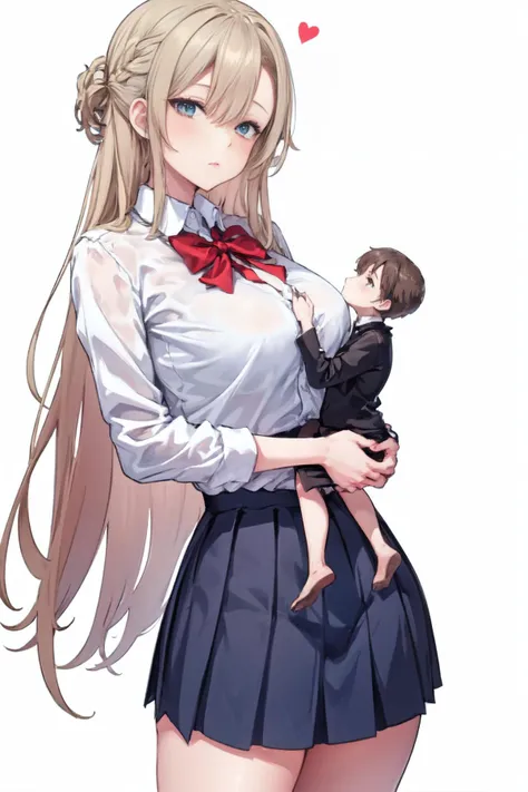 (tall female ,size difference:1.3), asuna, large breasts, wearing a white buttoned shirt, blue pleated skirt, holding a small man, white background, long blonde hair,<lora:size:0.8>, <lora:asuna:0.8>