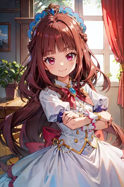 cowboy shot, smile, <lora:RuriDigi:0.8> RuriDigi, brown hair, blunt bangs, red eyes, <lora:mahoushoujo_cpt_v01:1> mahoushoujo,, ultra detailed, masterpiece, best quality, aesthetic, detailed,