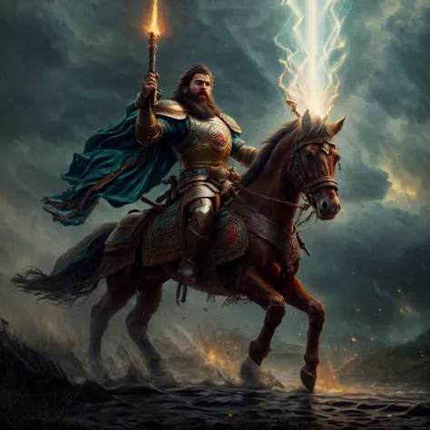 Russian hero from epics, Russian knight on a horse with a sword, bushy beard, demigod, (masterpiece, top quality, best quality, official art, beautiful and aesthetic:1.2), upper body in blood, <lora:ElementalMagicAIv2:1>, fireMagicAI, close up, riding powerful horse, fighting, blood, mud, raining, anger, screams, smoke, extreme detailed, supernatural, <lora:add_detail:1>