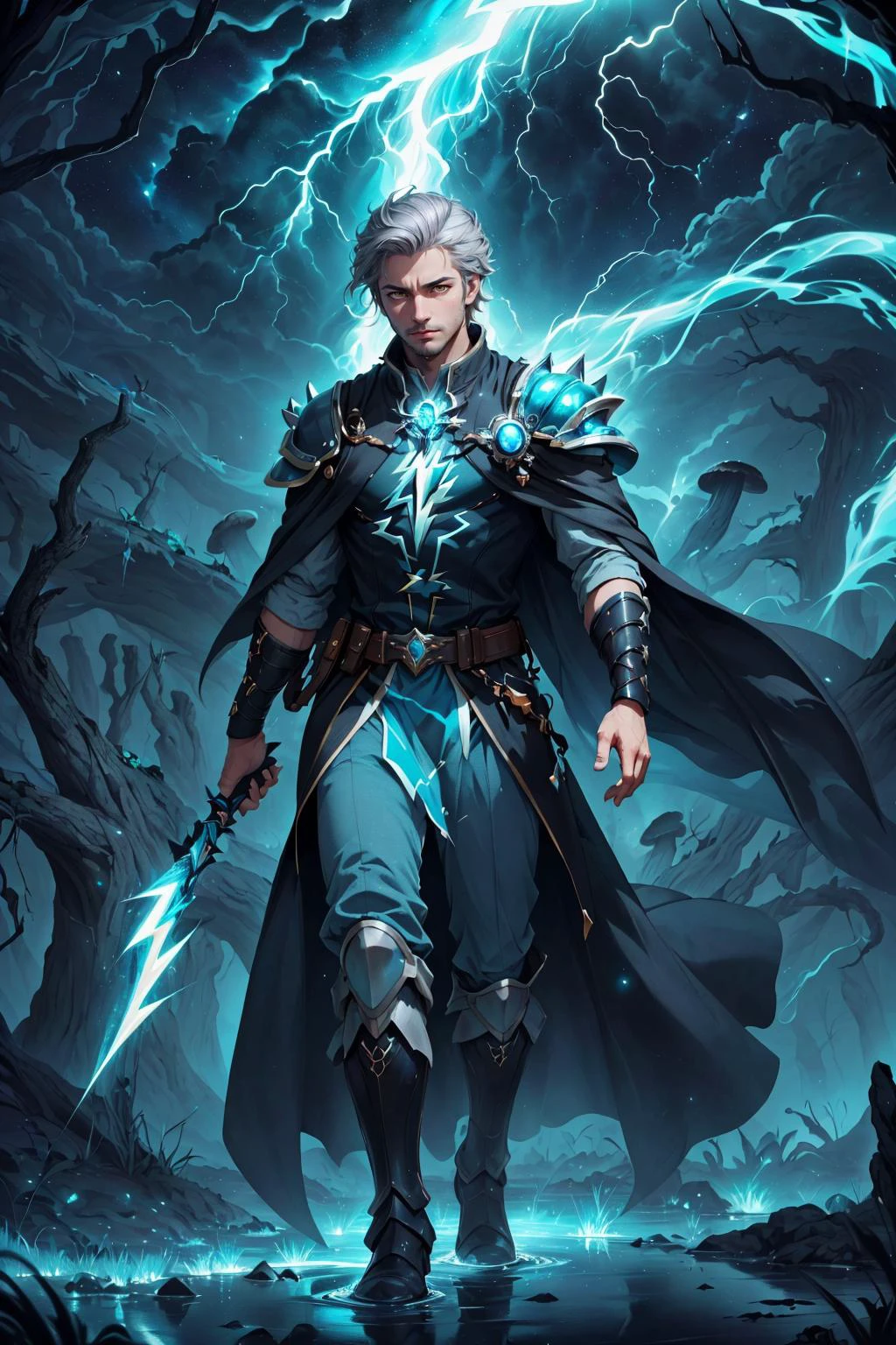 (masterpiece, best quality), <lora:add_detail_v5:0.5>, <lora:stylesqueeze_v2:0.25>,
(1man, masculine adult welsh male:1.2), yellow eyes, gray hair, fade with sideburns,
Style-GravityMagic, solo, (full body:0.6), looking down, detailed background, detailed face, (<lora:ElementalMagicAIv2:0.6>, LightningMagicAI theme:1.1), fungal mage, calm, dark brown robes, swirling brown magical energy in the air, nature, folkloric, underbrush, fungal wisps, living mushrooms in background, mysterious dark night, faint bioluminescence, ethereal atmosphere,