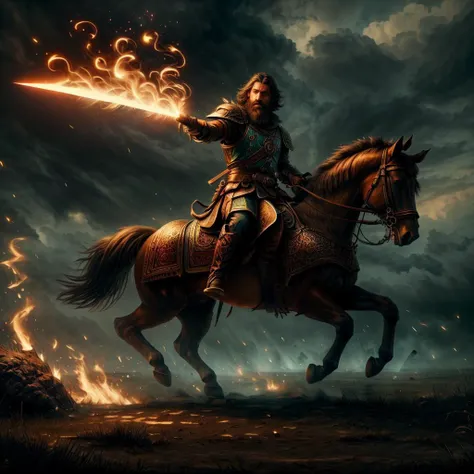 Russian hero from epics, <lora:KazakPunkAI:0.35>, Russian knight on a horse with a sword, bushy beard, demigod, <lora:GlowingRunesAIv4:0.45>, GlowingRunes_red, (masterpiece, top quality, best quality, official art, beautiful and aesthetic:1.2), upper body in blood, <lora:ElementalMagicAIv2:0.55>, fireMagicAI, close up, riding powerful horse, fighting, blood, mud, raining, anger, screams, smoke, extreme detailed, supernatural, <lora:add_detail:0.7>