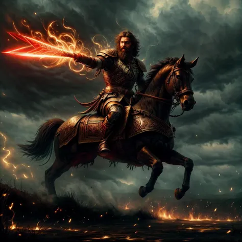 Russian hero from epics, Russian knight on a horse with a sword, bushy beard, demigod, <lora:GlowingRunesAIv4:0.8>, GlowingRunes_red, (masterpiece, top quality, best quality, official art, beautiful and aesthetic:1.2), upper body in blood, <lora:ElementalMagicAIv2:0.8>, fireMagicAI, close up, riding powerful horse, fighting, blood, mud, raining, anger, screams, smoke, extreme detailed, supernatural, <lora:add_detail:1>