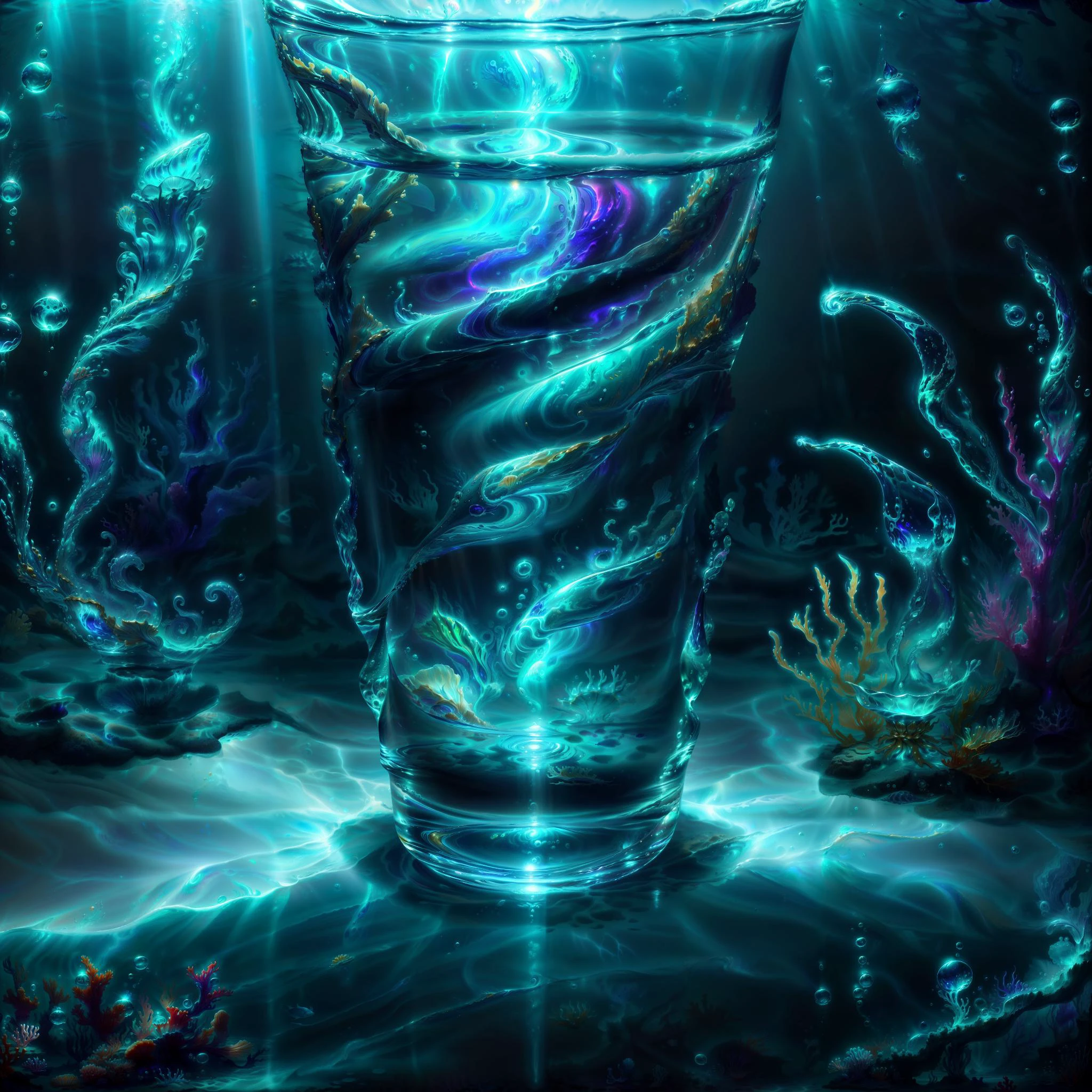 <lora:add_detail:0.6> <lora:AtlantisTech:0.7> (style-swirlmagic:0.3), (masterpiece, best quality, realistic, detailed, sharp:1.2), intricate details, atlantistech, bubble, glass, lightningmagicai liquid, bioluminescent, azure glow, glowing, gleam rays, gold engravings, water floating, corals, crystals, sparkling, underwater, undersea, <lora:waterVFX:0.4> <lora:ElementalMagicAIv2:0.6>
