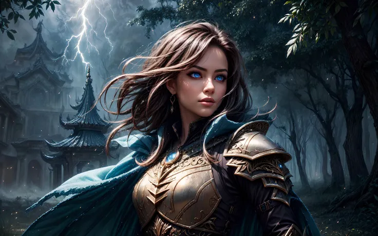 masterpiece, epic, majestic, best quality, very high resolution, 8k, hdr, digital photography, dynamic pose, pretty 28 years old female Darkfallen duelist, grey-blue eyes, (brown hair, choppy layers hair:1.1), showing freezing expression, (Style-GravityMagic:0.7), solo, half shot, looking up, detailed background, detailed face, (<lora:ElementalMagicAIv2:0.6>, LightningMagicAI theme:1.1) glowing eyes, nature-fighter, tree themed armor, blending of roots with armor, leaves enchanted leaf pendant, cape, fused with armor, dynamic pose, stoic, druidic nature powers, lit-up green magical marks etched in armor, plant overgrowth, abandoned temple left to crumble in background, fireflies, magical haze, sidelighting, magical atmosphere,, (iridescent:0.7), (transparent:0.8), (translucid:0.8), (reflection:0.6), (refraction:0.3), (diffraction:0.3), (caustics:0.3), volumetric lights, volumetric shadows, (subsurface scatering:0.4), physically based rendering, (intricate details:1.3), hyperdetailed, ultrarealistic, (sharp focus:1.2) <lora:hyperdenoiser_v090:1.5> <lora:add_detail:1.5>