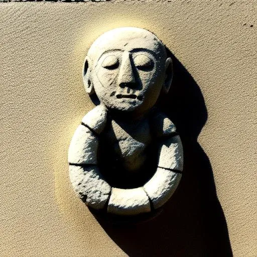 no humans, realistic, wall, <lora:Irish_Stone_Statue_v2:0.5>, Sheela_na_Gig, ring, photo background, concept art, faux traditional media, desert, painting (medium), watercolor (medium), ruins