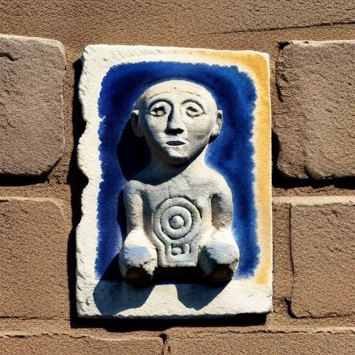 no humans, realistic, wall, <lora:Irish_Stone_Statue_v2:0.5>, Sheela_na_Gig, ring, photo background, concept art, faux traditional media, desert, painting (medium), watercolor (medium), ruins