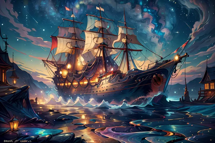 (masterpiece, best quality, extremely detailed:1.2), <lora:more_details:0.3> , <lora:WorldofOilslick:0.75> worldofoilslick, oil slick, viscus fluid, starry night, small village, ocean, ships
