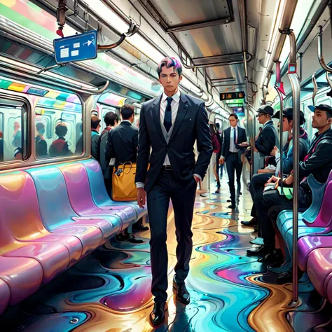 <lora:WorldofOilslick:1> , worldofoilslick, a man on a subway, on the way to work, looking tired, crowded, futuristic