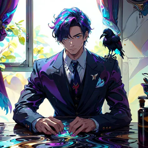 <lora:WorldofOilslick:1> , worldofoilslick, a man in an expensive suit, sitting at a table, a raven perched on his shoulder