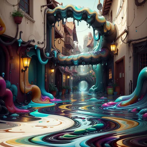 <lora:WorldofOilslick:1>, worldofoilslick, winding alley, oil slick, viscus fluid, wet, watery, dripping, oozing,