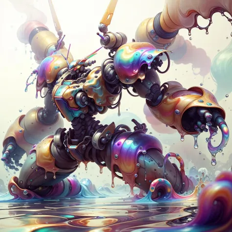 <lora:WorldofOilslick:1>, worldofoilslick, battle mecha, oil slick, viscus fluid, wet, watery, dripping, oozing,