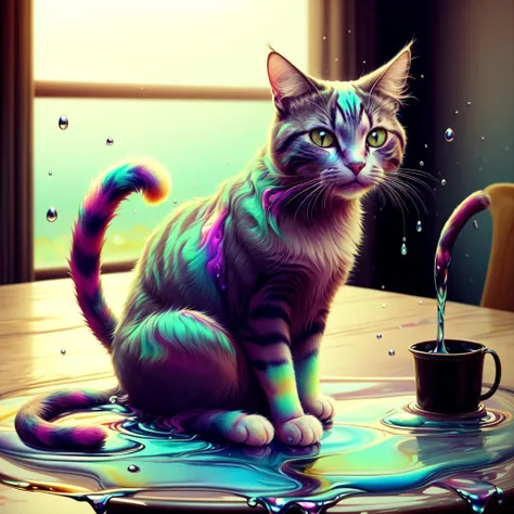 <lora:WorldofOilslick:1>, worldofoilslick, cat sitting on a table, oil slick, viscus fluid, wet, watery, dripping, oozing,