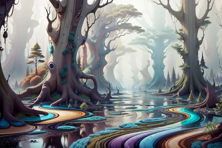 <lora:WorldofOilslick-000019:1>, worldofoilslick, forest and rivers,