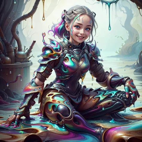<lora:WorldofOilslick:1>, worldofoilslick, 1girl, armoured dress, sitting, smiling, looking at viewer, oil slick, viscus fluid, wet, watery, dripping, oozing,