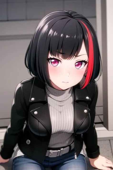 ((masterpiece, best quality)),very detailed, simple eyes, outdoors,medium breasts,<lora:ranv2:1>,1girl, bangs, black_jacket, casual , black_legwear, bob_cut, denim, denim_shorts,jacket, leather_jacket, long_sleeves, looking_at_viewer, multicolored_hair, open clothes,mitake_ran, black_hair, pantyhose, purple_eyes, red_hair, ribbed_sweater, shirt, short_hair, short_shorts, shorts, streaked_hair, striped, striped_shirt, sweater,