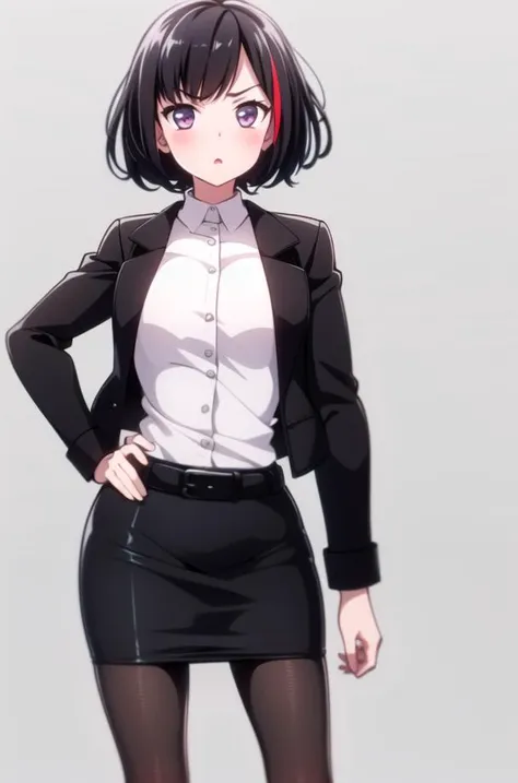 ((masterpiece, best quality)),very detailed, simple eyes,medium breasts,<lora:ranv2:1>,((1girl)),standing,hans on hip,mitake ran,office lady, pencil skirt,pantyhose,white shirt,black jacket,open clothes,