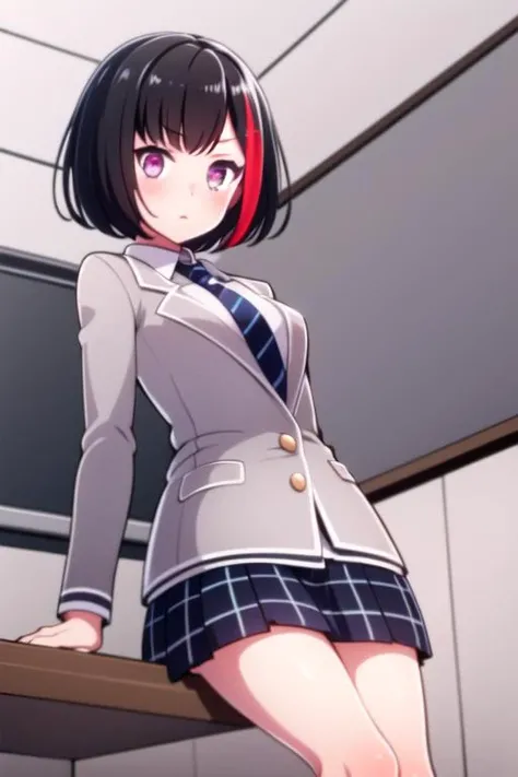 ((masterpiece, best quality)),very detailed, simple eyes,1girl,medium breasts, <lora:ranv2:1>, class room, bangs blue_skirt, bob_cut, collared_shirt, grey_jacket, haneoka_school_uniform, jacket, long_sleeves, looking_at_viewer, mitake_ran, black_hair, multicolored_hair, necktie,plaid, plaid_skirt, pleated_skirt,school_uniform, shirt, short_hair, skirt, solo, streaked_hair, striped, white_shirt