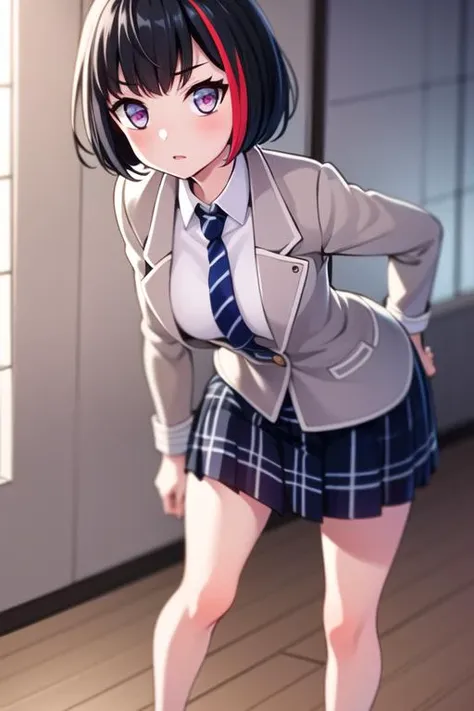 ((masterpiece, best quality)),very detailed, simple eyes,1girl,full body,standing,medium breasts, <lora:ranv2:1>, class room, bangs blue_skirt, bob_cut, collared_shirt, grey_jacket, haneoka_school_uniform, jacket, long_sleeves, looking_at_viewer, mitake_ran, black_hair, multicolored_hair, necktie,plaid, plaid_skirt, pleated_skirt,school_uniform, shirt, short_hair, skirt, solo, streaked_hair, striped, white_shirt