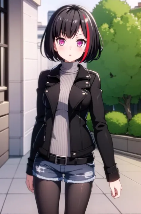 ((masterpiece, best quality)),very detailed, simple eyes, outdoors,medium breasts,<lora:ranv2:1>,1girl, bangs, black_jacket, casual , black_legwear, bob_cut, denim, denim_shorts, hand_in_pocket, jacket, leather_jacket, long_sleeves, looking_at_viewer, multicolored_hair, open clothes,mitake_ran, black_hair, pantyhose, purple_eyes, red_hair, ribbed_sweater, shirt, short_hair, short_shorts, shorts, standing, streaked_hair, striped, striped_shirt, sweater,