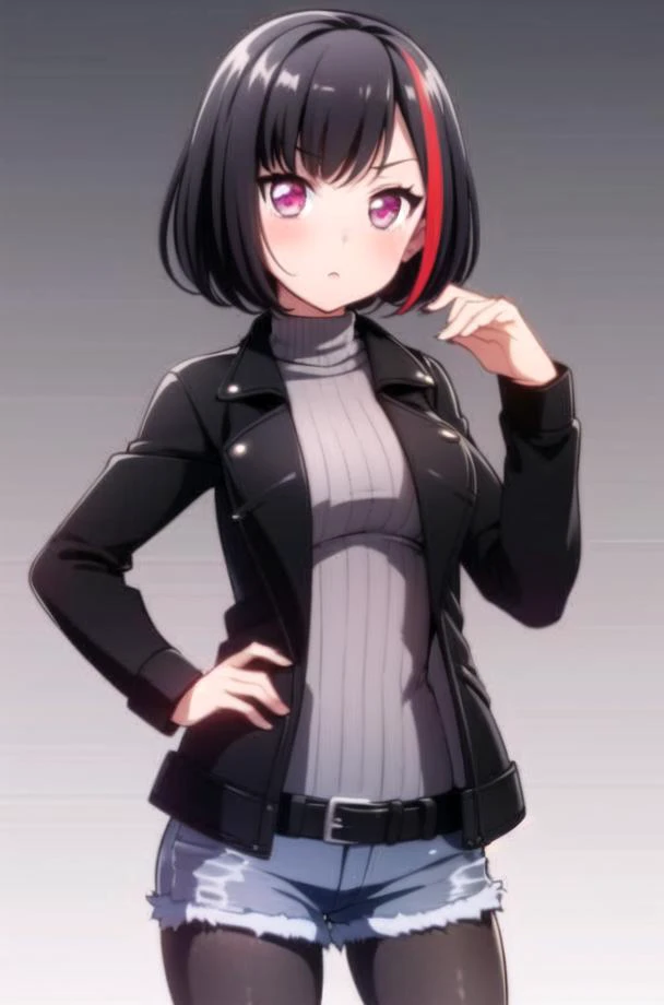 ((masterpiece, best quality)),very detailed, simple eyes, outdoors,medium breasts,<lora:ranv2:1>,1girl, bangs, black_jacket, casual , black_legwear, bob_cut, denim, denim_shorts, hand_in_pocket, jacket, leather_jacket, long_sleeves, looking_at_viewer, multicolored_hair, open clothes,mitake_ran, black_hair, pantyhose, purple_eyes, red_hair, ribbed_sweater, shirt, short_hair, short_shorts, shorts, solo, standing, streaked_hair, striped, striped_shirt, sweater,