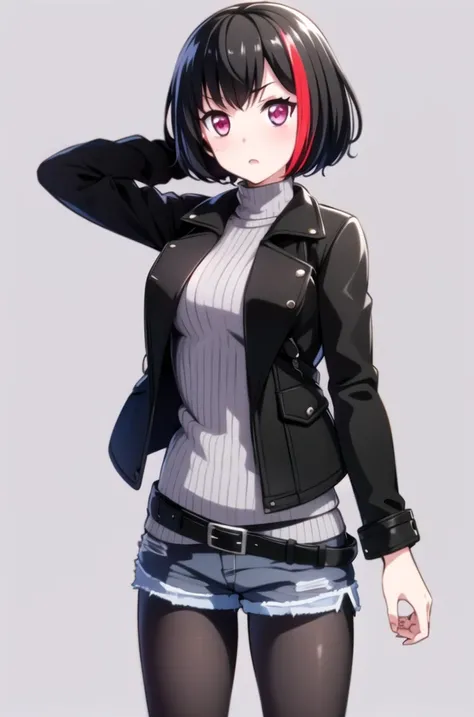 ((masterpiece, best quality)),very detailed, simple eyes, outdoors,medium breasts,<lora:ranv2:1>,1girl, bangs, black_jacket, casual , black_legwear, bob_cut, denim, denim_shorts,jacket,arms up hands behind head, leather_jacket, long_sleeves, looking_at_viewer, multicolored_hair, open clothes,mitake_ran, black_hair, pantyhose, purple_eyes, red_hair, ribbed_sweater, shirt, short_hair, short_shorts, shorts, standing, streaked_hair, striped, striped_shirt, sweater,