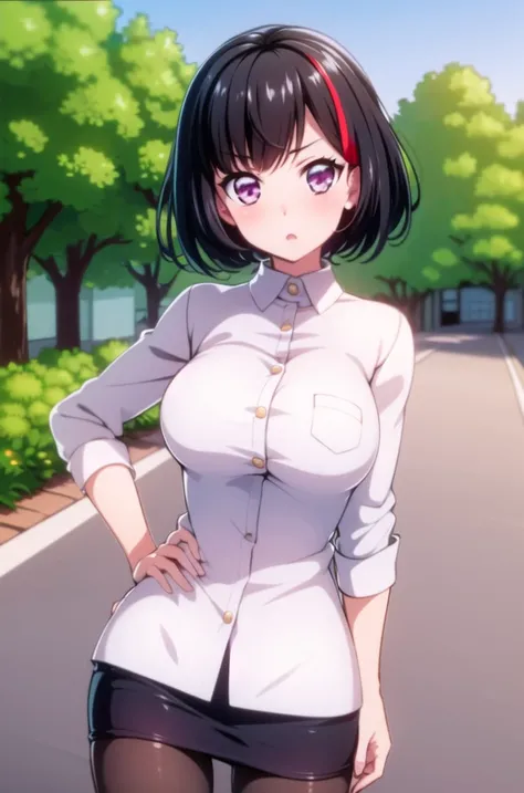 ((masterpiece, best quality)),very detailed, simple eyes, outdoors,large breasts,<lora:ranv2:1>,1girl,standing,hans on hip,mitake ran,office lady, pencil skirt,pantyhose,white shirt,