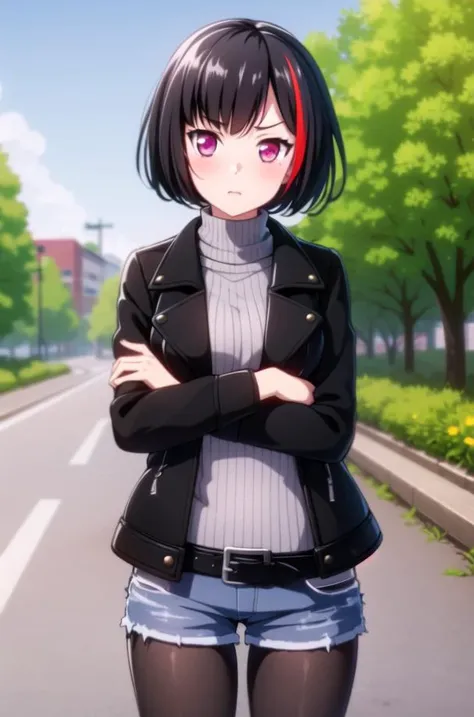((masterpiece, best quality)),very detailed, simple eyes, outdoors,medium breasts,<lora:ranv2:1>,((1girl)), bangs, black_jacket, casual , black_legwear, bob_cut, denim, denim_shorts,jacket, crossed_arms, leather_jacket, long_sleeves, looking_at_viewer, multicolored_hair, open clothes,mitake_ran, black_hair, pantyhose, purple_eyes, red_hair, ribbed_sweater, shirt, short_hair, short_shorts, shorts, standing, streaked_hair, striped, striped_shirt, sweater,