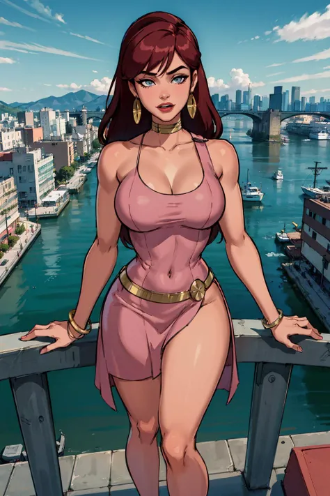 Giganta, pink dress, city in background, masterpiece, best quality, extreme detail, 8k, image sharpness, <lora:Sett_Giganta-000009:0.7>