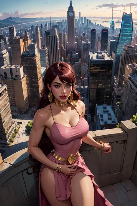 Giganta, pink dress, city in background, masterpiece, best quality, extreme detail, 8k, image sharpness, <lora:Sett_Giganta-000009:0.7>