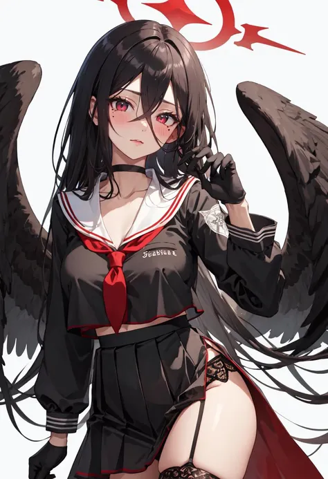 best quality, masterpiece, highres, solo, (hasumi_bluearchive:1.10), 1girl, black gloves, black serafuku, long sleeves, looking at viewer, black choker, black skirt, black thighhighs, red neckerchief, white sailor collar, garter belt, pleated skirt, closed mouth, thighs, simple background, side slit, garter straps, white background, black shirt, blush, necktie, collarbone, 7 <lora:hasumi_bluearchive:0.80>