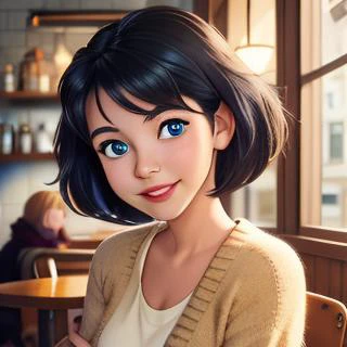 portrait, modelshoot style, smiling at viewer, 1girl, short black hair, blue eyes, parted lips, small breasts, beige cardigan, coffee shop, jewerly, bustling cafe, depth of field, <lora:Crysta_Ferngully-v2-04:0.75>