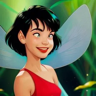 crysta, aqua eyes, fairy wings, portrait, view from front, medium shot, smiling at viewer, 1girl, short black hair, green eyes, parted red lips, small breasts, sleeveless dress, jewelry, depth of field, <lora:Crysta_Ferngully-v2-04:0.9>