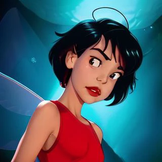 Pixar 4D image, tinkerbell exactly like the original, green dress, but with black hair, brown skin, dark shaped eyes, trapped in a cage with fear, with a cute Pixar girl looking at her from afar, behind tinkerbell , Out of the cage, with knee-length pink peasant dress, two braids in the hair, maroon hair, dark shaped eyes, Caucasian skin, in her room, tinkerbell bigger than the