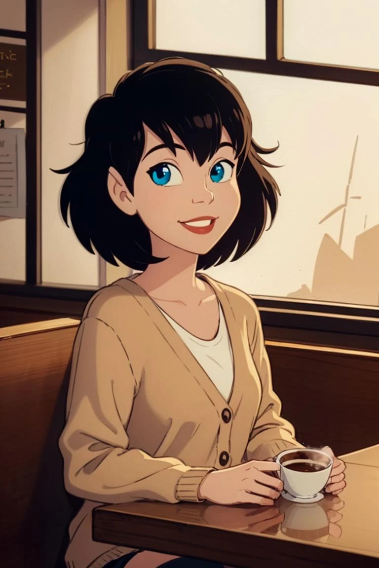 portrait, modelshoot style, smiling at viewer,
1girl, short black hair, blue eyes, parted lips, small breasts, beige cardigan, coffee shop, jewerly,
bustling cafe, depth of field,
<lora:Crysta_Ferngully-v2-04:0.75>