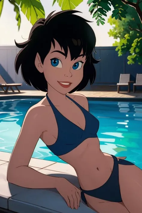 upperbody, modelshoot style, parted lips, smiling at viewer,
1girl, short black hair, blue eyes, parted lips, small breasts, bikini, string ring bikini,
outdoors, poolside, rich lighting, depth of field,
<lora:Crysta_Ferngully-v2-04:0.75>