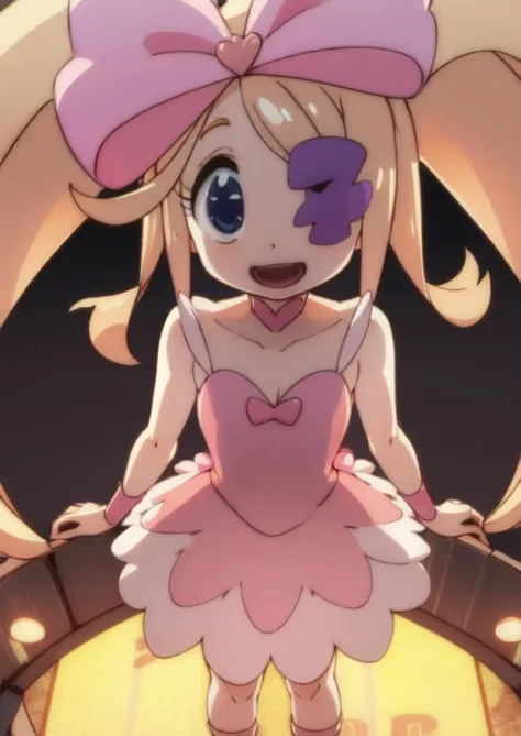 (masterpiece, best quality:1.2), extremely detailed, soft ambient lighting, sharp focus, 4K, BREAK <lora:nui-killlakill:1>, 1girl, solo, nui harime, long blonde twin tails, pink dress, happy, BREAK standing, looking at viewer, from above,