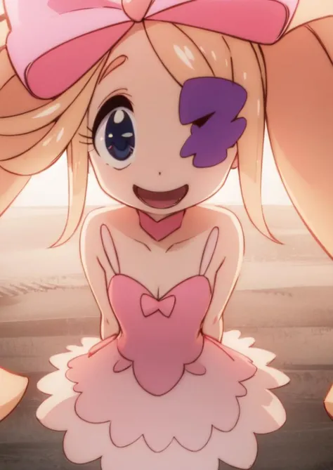 (masterpiece, best quality:1.2), <lora:klk_harime-10:1>, cowboy shot, solo, 1girl, harime nui, \:d, hand on hip, closed eyes, big hair, drill hair, twin drills, hair bow, pink dress
