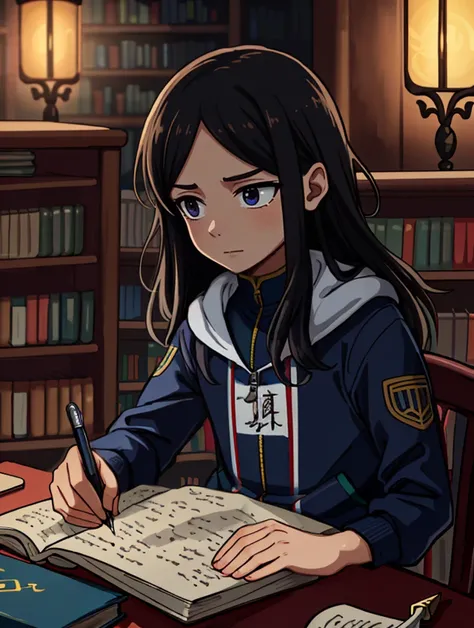 ((gregnobodysd15 )) <lora:GoodHands-beta2:1>,, BREAK portrait, solo, (full body:0.6), looking away, detailed background, detailed face, intricate details, (sinister dark fantasy theme:1.1) scholar sitting at desk, researching, surrounded by books, papers, maps, notes, abacus, ledger, magic emerging from text, knowledge, intelligence, library in background, magical light, magical fantasy atmosphere,