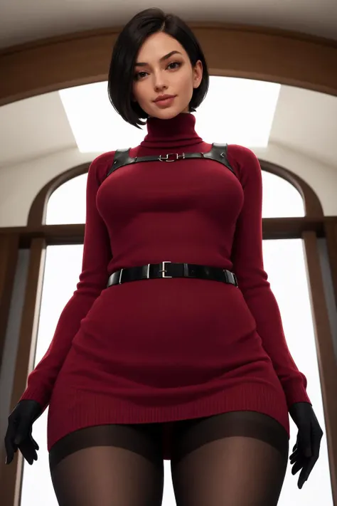 masterpiece, best quality, 1girl, solo, <lora:adawong-re-richy-v1:1> adasweater, red sweater, turtleneck, sweaterdress, harness, pantyhose, black gloves, belt, from below, looking at viewer, parted lips, smirk