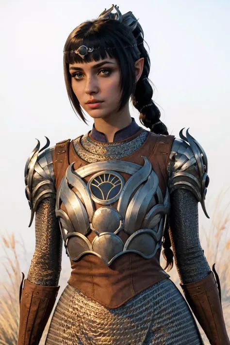 (masterpiece, best quality:1.2),  <lora:shadowheart:1>, shadowheart, 1girl, solo, looking at viewer, breasts, armor, shoulder armor, pointy ears, braid, breastplate, bangs, pauldrons, ponytail, hair ornament, scar, white background, simple background,