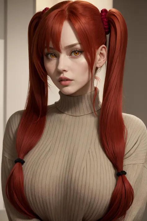 masterpiece, best quality, 1girl, solo, pensive, parted lips, red hair, twintails, very long hair, hair scrunchie, turtleneck sweater, mature female, huge breasts, yellow eyes, parted lips, looking at viewer, mature female