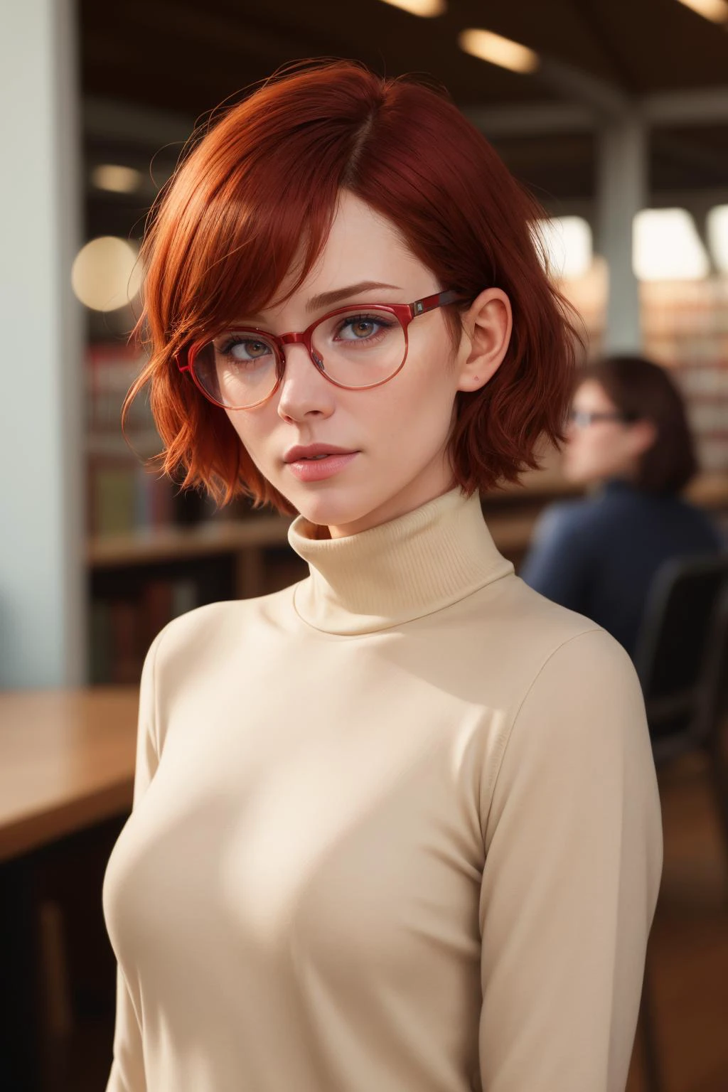 (high quality, best quality, sharp focus:1.2), (modern age ireland, irish, ginger:1), (middle-aged woman, 1girl, solo:1.1), (librarian, wearing turtleneck and nerd glasses:1.1), (closed_eyes:1), (red_hair, short_hair, flipped_hair:1), (petite body:1), (ferry:1.1), detailed, extreme detail, intricate detail, highres, absurdres, 4k, 8k, HDR, UHD, masterpiece, immaculate, perfect, photoreal, photo, realistic, extremely realistic, hyperrealism, detailed skin, detailed hair, extreme detail, photograph, canon eos 5d mark iv, depth of field, bokeh, film grain,