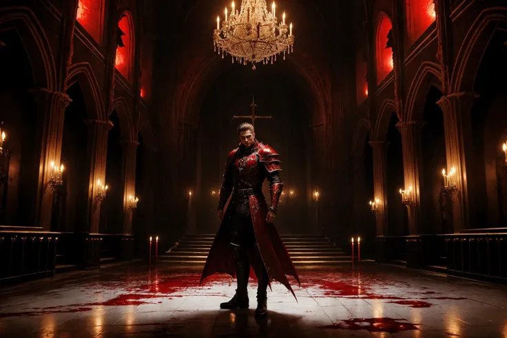(sharp), masterpiece, octane render, best quality, 1man, male, man covered in blood, fantasy, blood knight, vampire knight, blood-red armor, full body armor, indoors, dark cathedral of horrors, chandelier, candles, ((red light)), torture chambers, ((caustic)), black, cinematic lighting, highly detailed, (in the style of Apterus), (full body), detailed color, blood magic, blood everywhere, grotesque horror, macabre, dripping blood, pool of blood, intricate details, (((empty hands)))