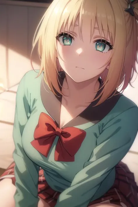 yukiyoshida, <lora:yuki yoshida s2-lora-nochekaiser:1>,
yuki yoshida, short hair, blonde hair, hair ornament, (green eyes:1.3), one side up,
BREAK skirt, bow, school uniform, serafuku, plaid, red bow, brown skirt,
BREAK indoors,
BREAK looking at viewer, (cowboy shot:1.5),
BREAK <lyco:GoodHands-beta2:1>, (masterpiece:1.2), best quality, high resolution, unity 8k wallpaper, (illustration:0.8), (beautiful detailed eyes:1.6), extremely detailed face, perfect lighting, extremely detailed CG, (perfect hands, perfect anatomy),